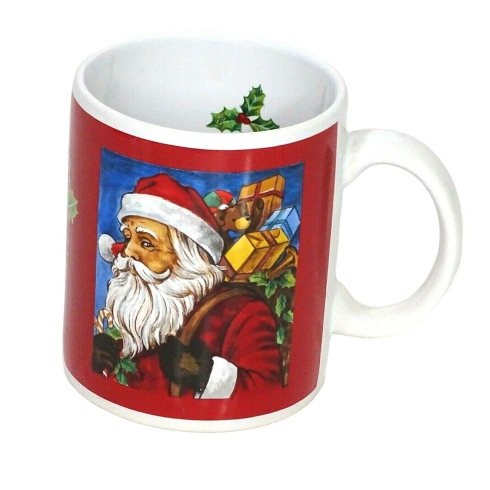 Old World Christmas Holiday Mug Cup Stoneware SANTA with GIFTS Red White 12 oz